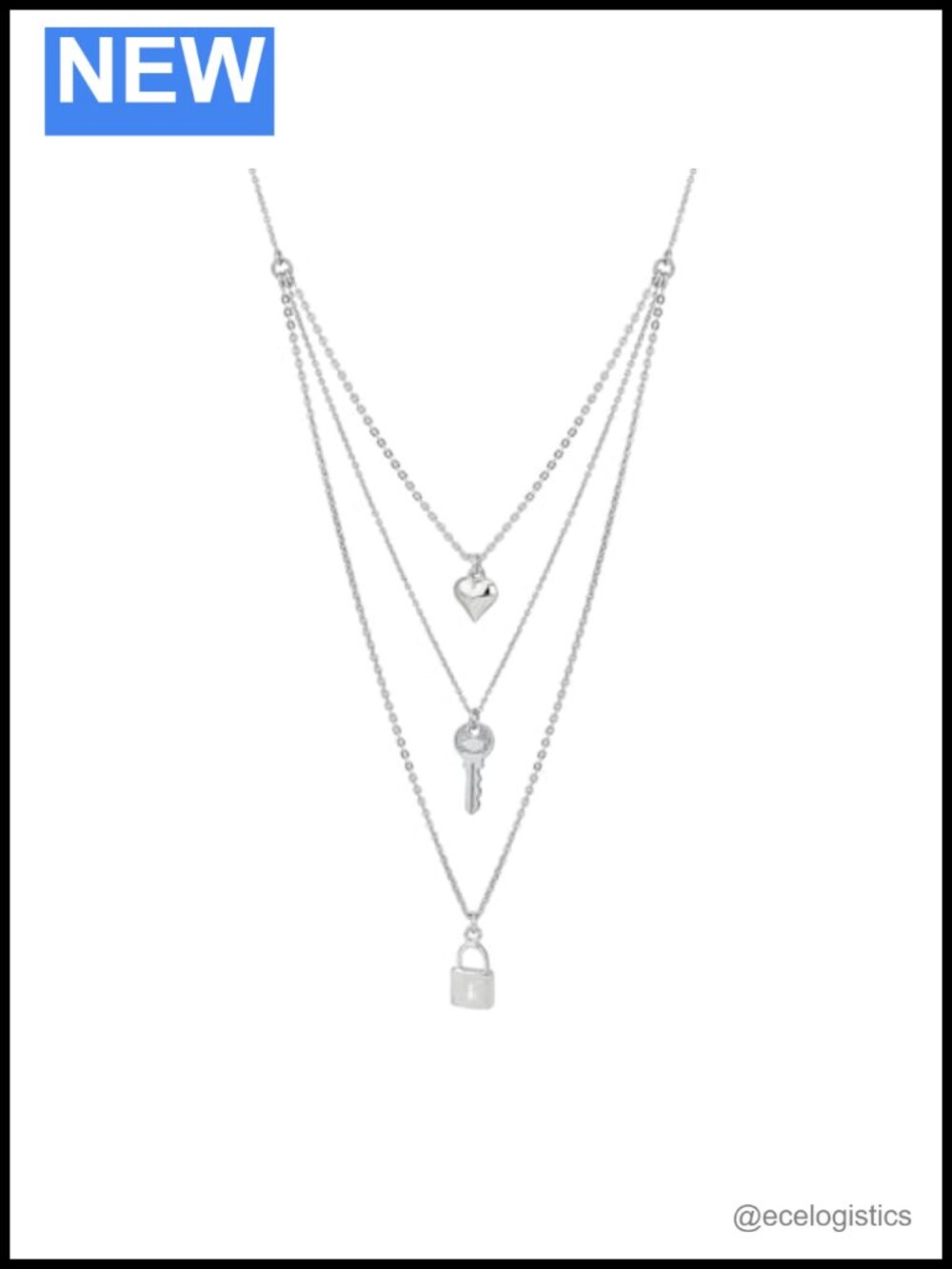 Sterling Silver Heart Lock Key Pendant Necklace Rhodium Plated 925 Multi-Layer